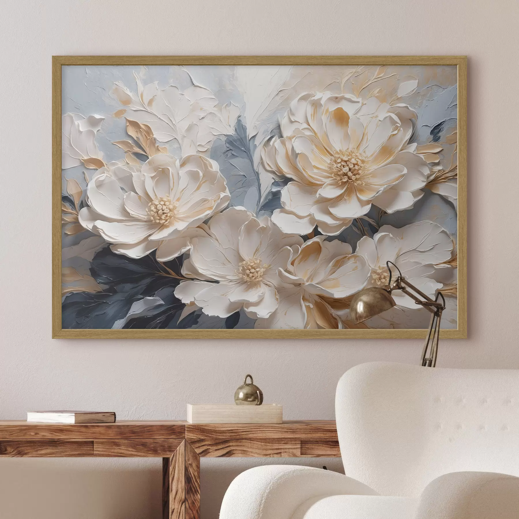 murales de pared Peonías volumétricas de color crema sobre fondo azul claro f44880
