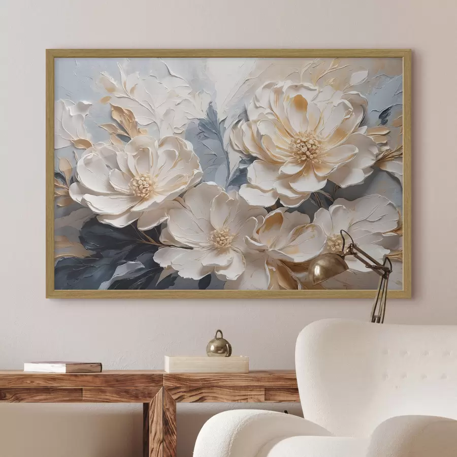 murales de pared Peonías volumétricas de color crema sobre fondo azul claro f44880