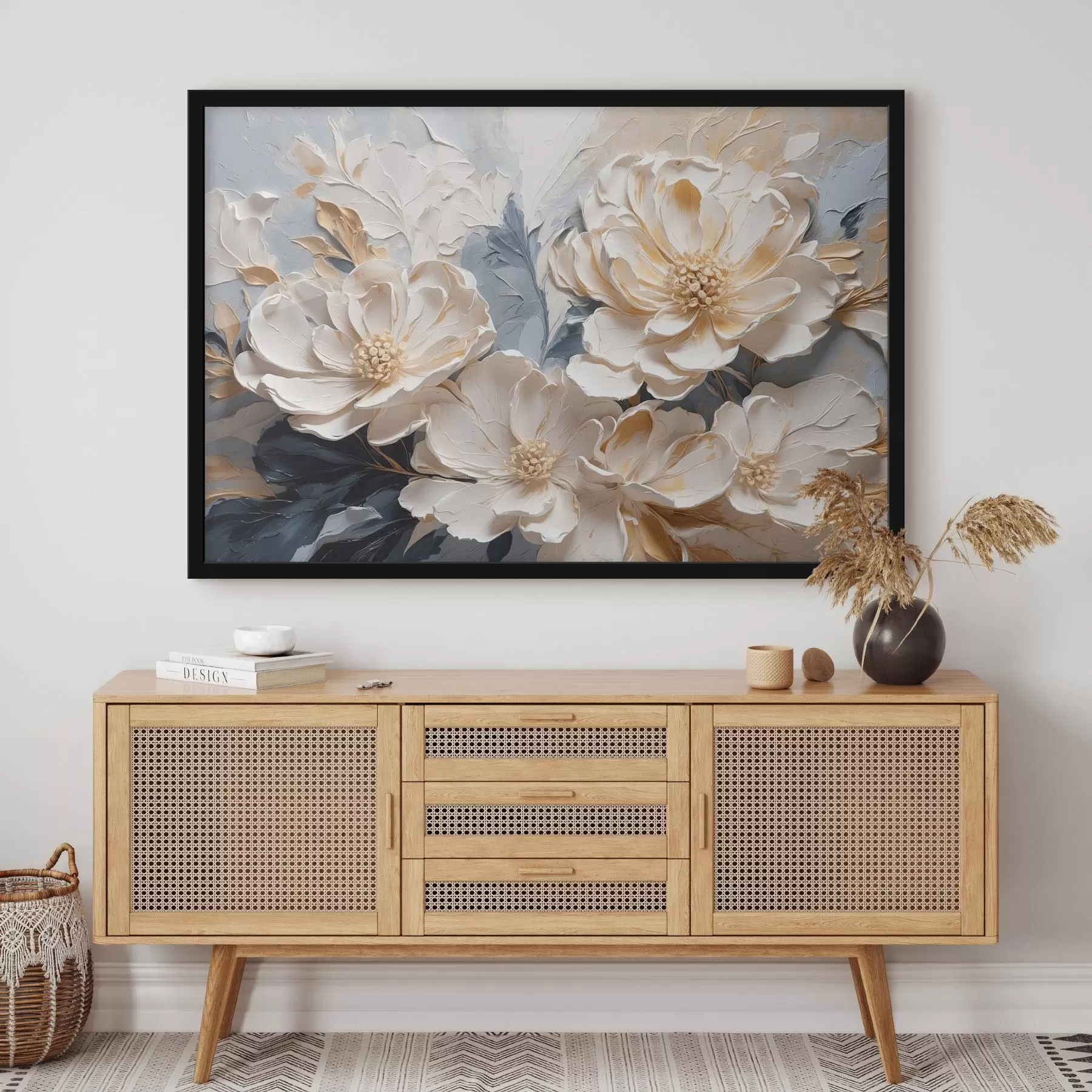 murales de pared Peonías volumétricas de color crema sobre fondo azul claro f44880