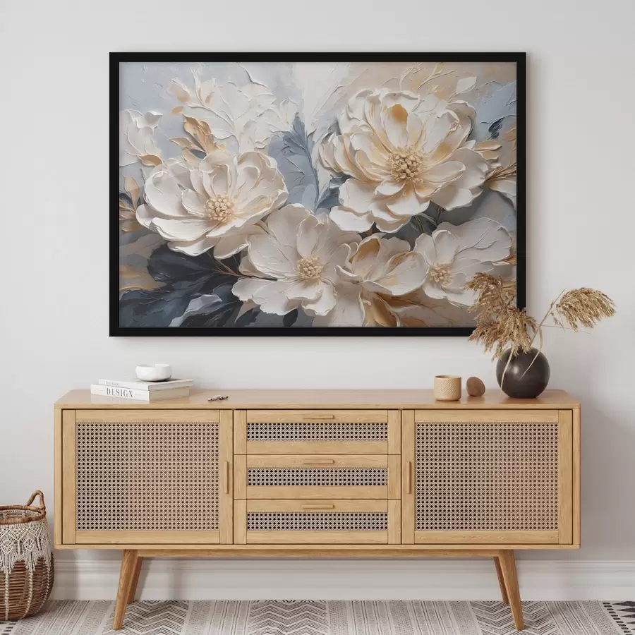 murales de pared Peonías volumétricas de color crema sobre fondo azul claro f44880