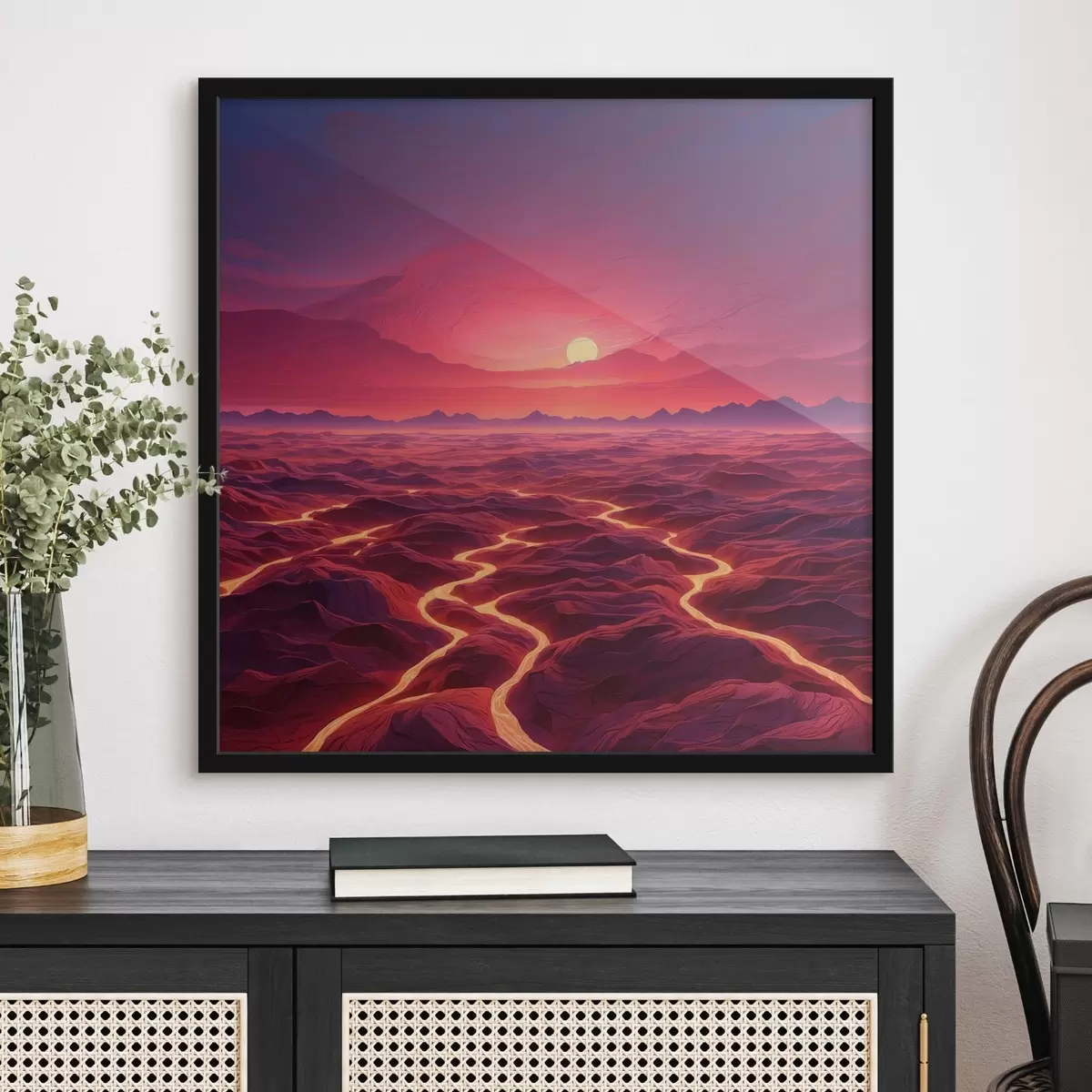 Poster Paisaje caliente con coladas de lava bajo un cielo rojo f44886