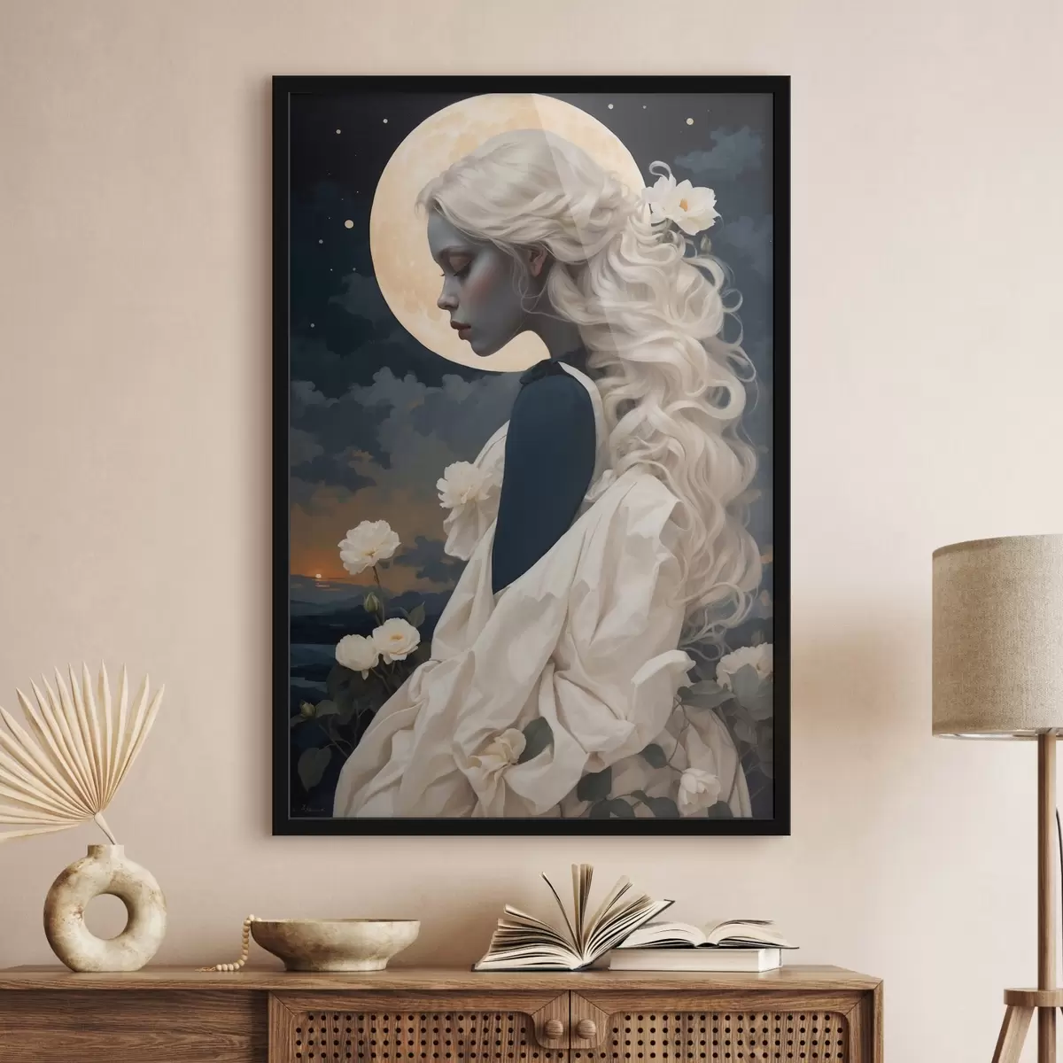 Poster Retrato de niña con pelo blanco y luna llena f44887