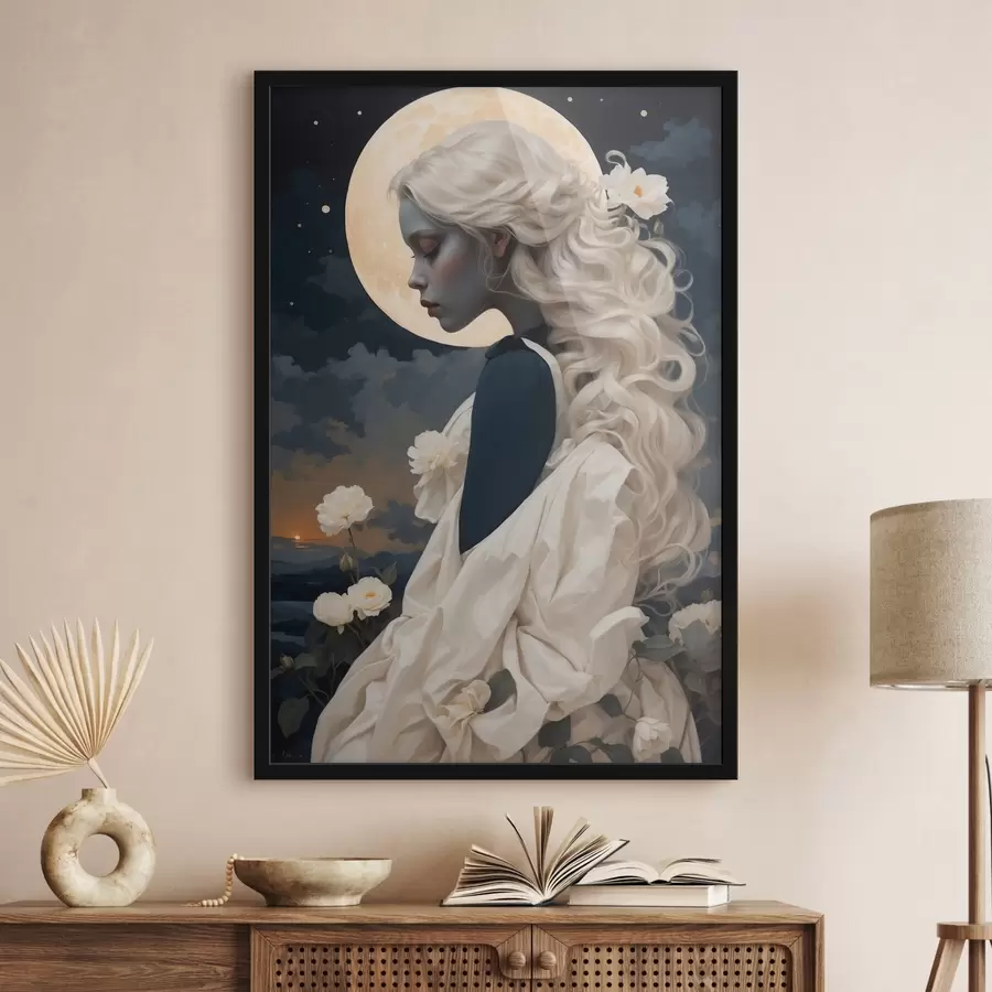 murales de pared Retrato de niña con pelo blanco y luna llena f44887