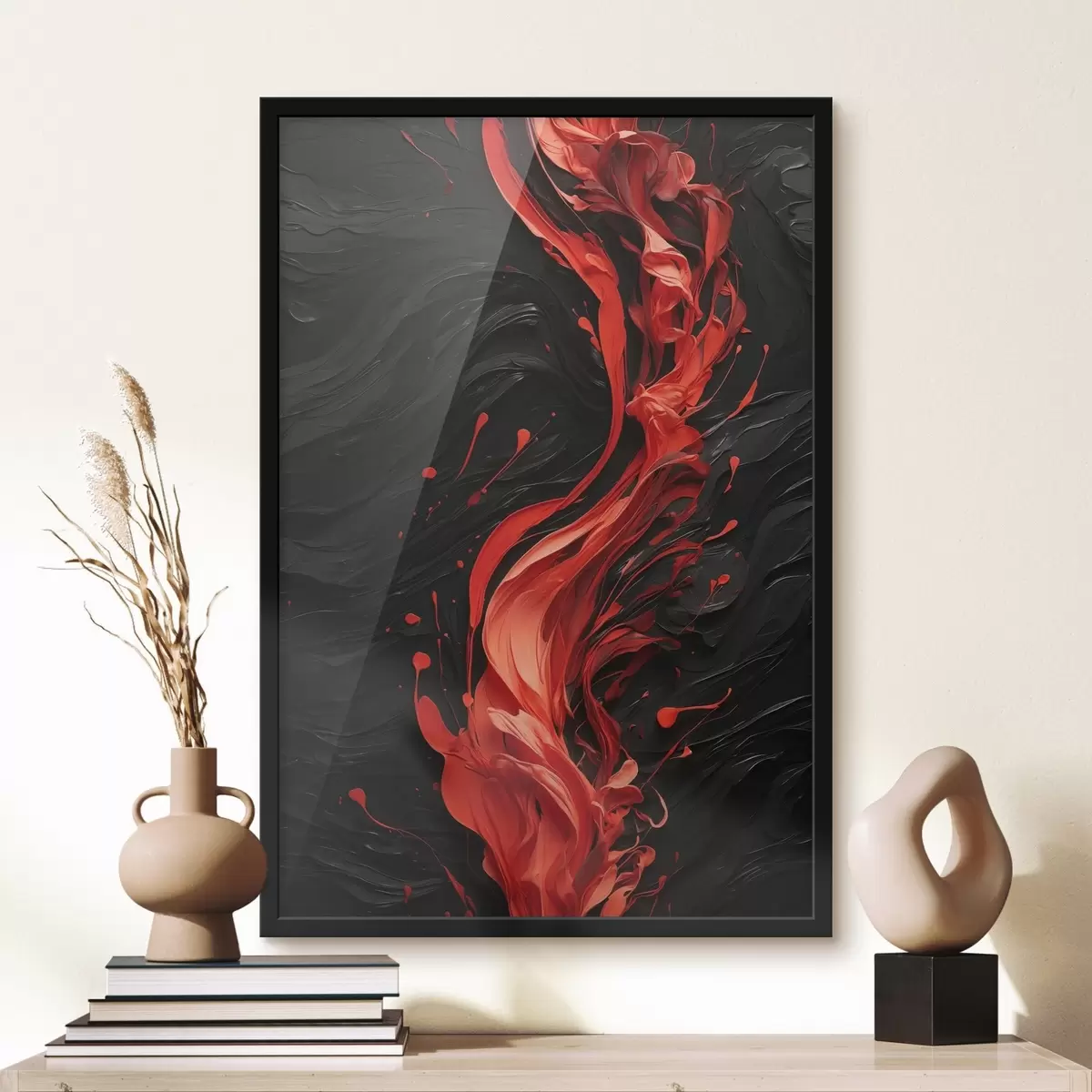 Poster Chorro de pintura roja sobre fondo negro abstracto f44889