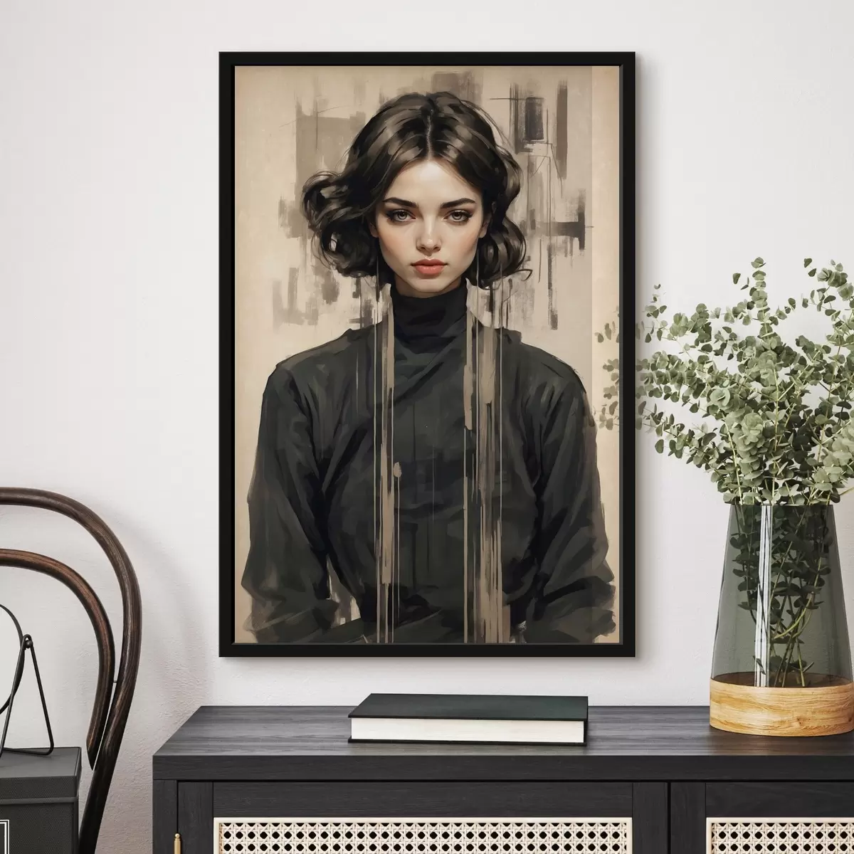 Poster Retrato de mujer con pelo corto y oscuro sobre fondo abstracto f44890