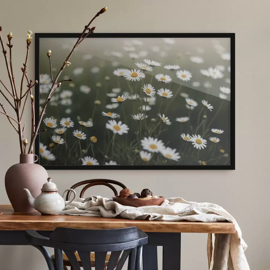 murales de pared Campo de margaritas con fondo verde desenfocado f44898