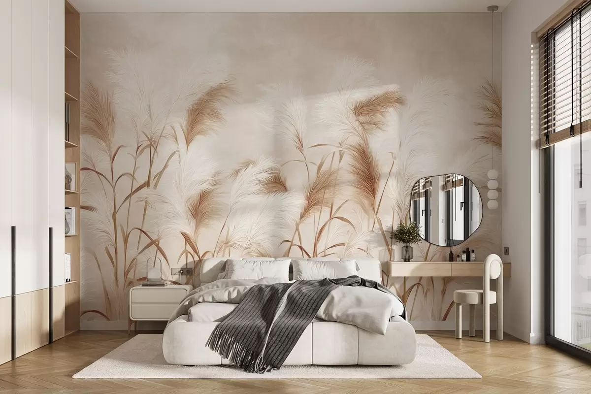 murales de pared Elegantes flores de hierba de la pampa en suaves tonos beige y lechosos w09150v1