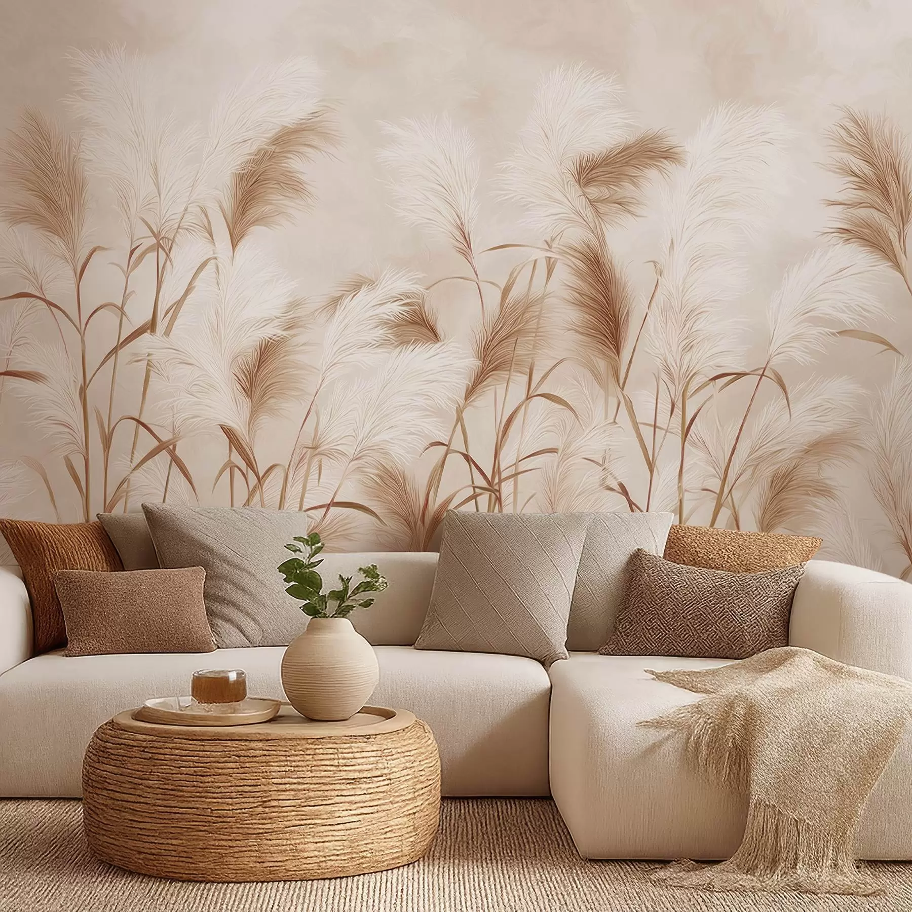 murales de pared Elegantes flores de hierba de la pampa en suaves tonos beige y lechosos w09150v1