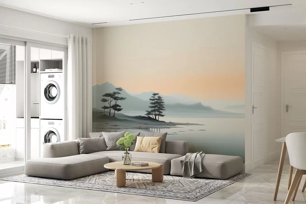 murales de pared Paisaje minimalista con montañas neblinosas y un lago w09151