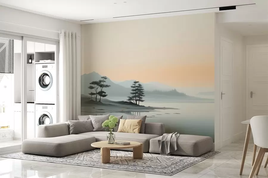 murales de pared Paisaje minimalista con montañas neblinosas y un lago w09151