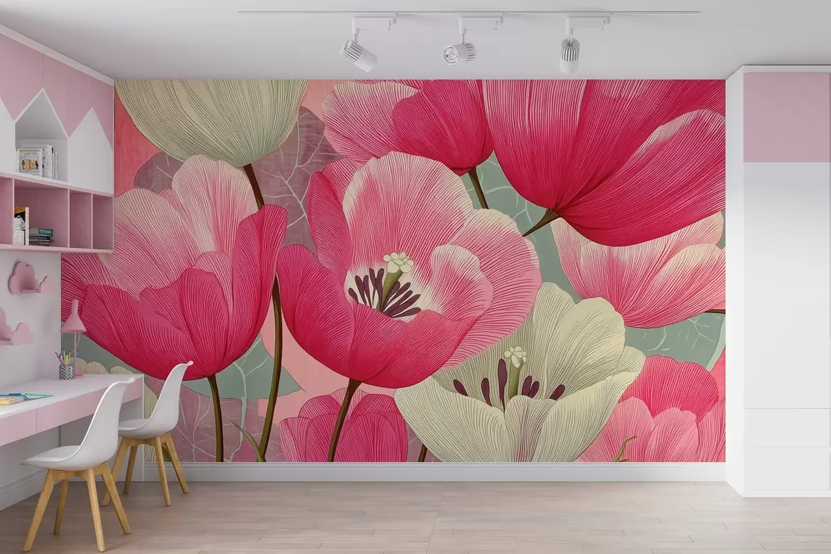 murales de pared Amapolas vivas con hojas gráficas de fondo w09152