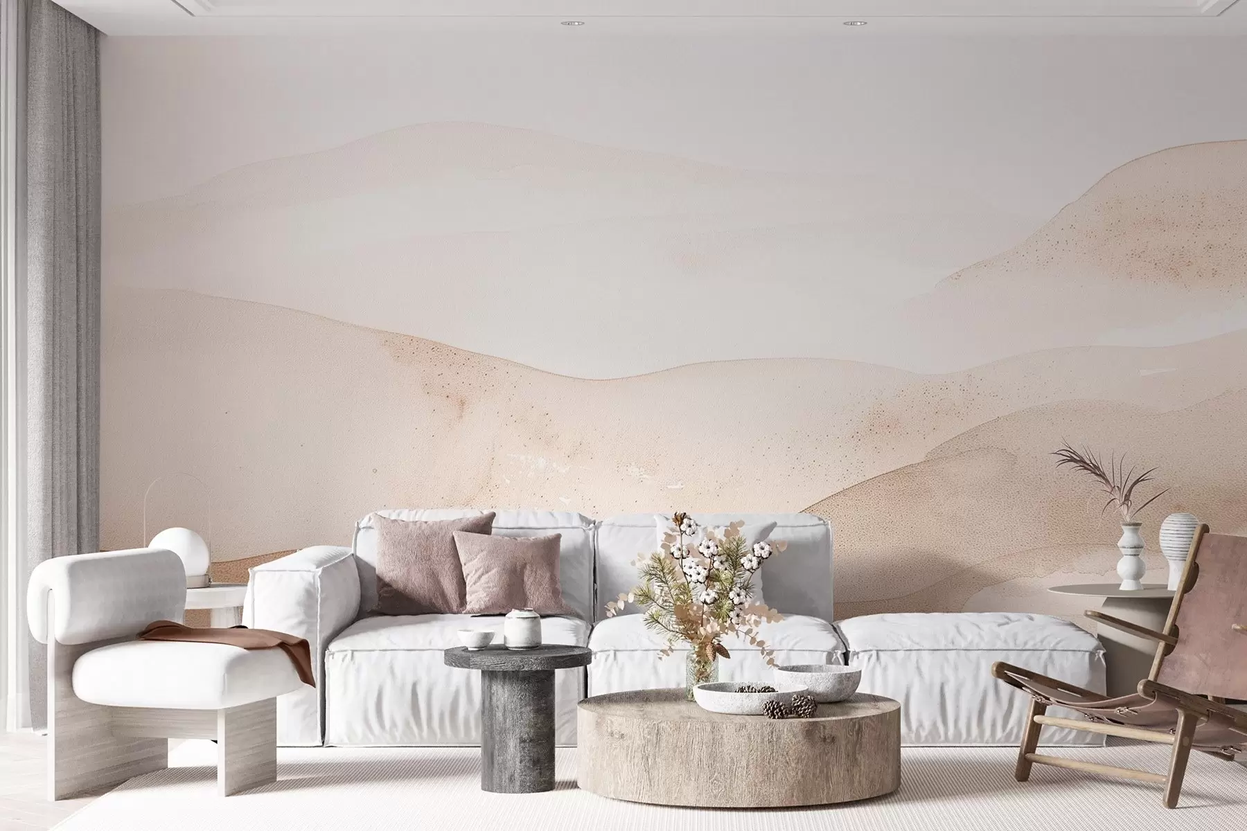murales de pared Montañas estilo acuarela en tonos beige claro w09223