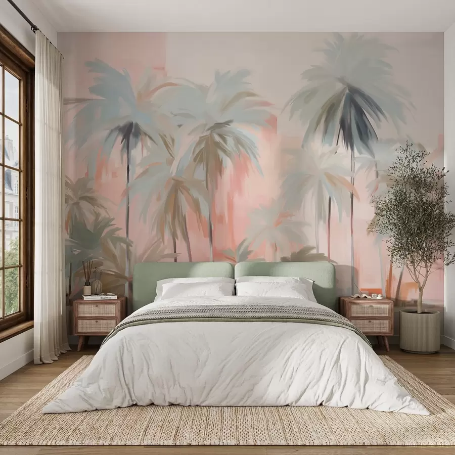 murales de pared Palmeras tropicales abstractas minimalistas en tonos pastel, sobre un fondo de suaves tonos rosa y melocotón w09212