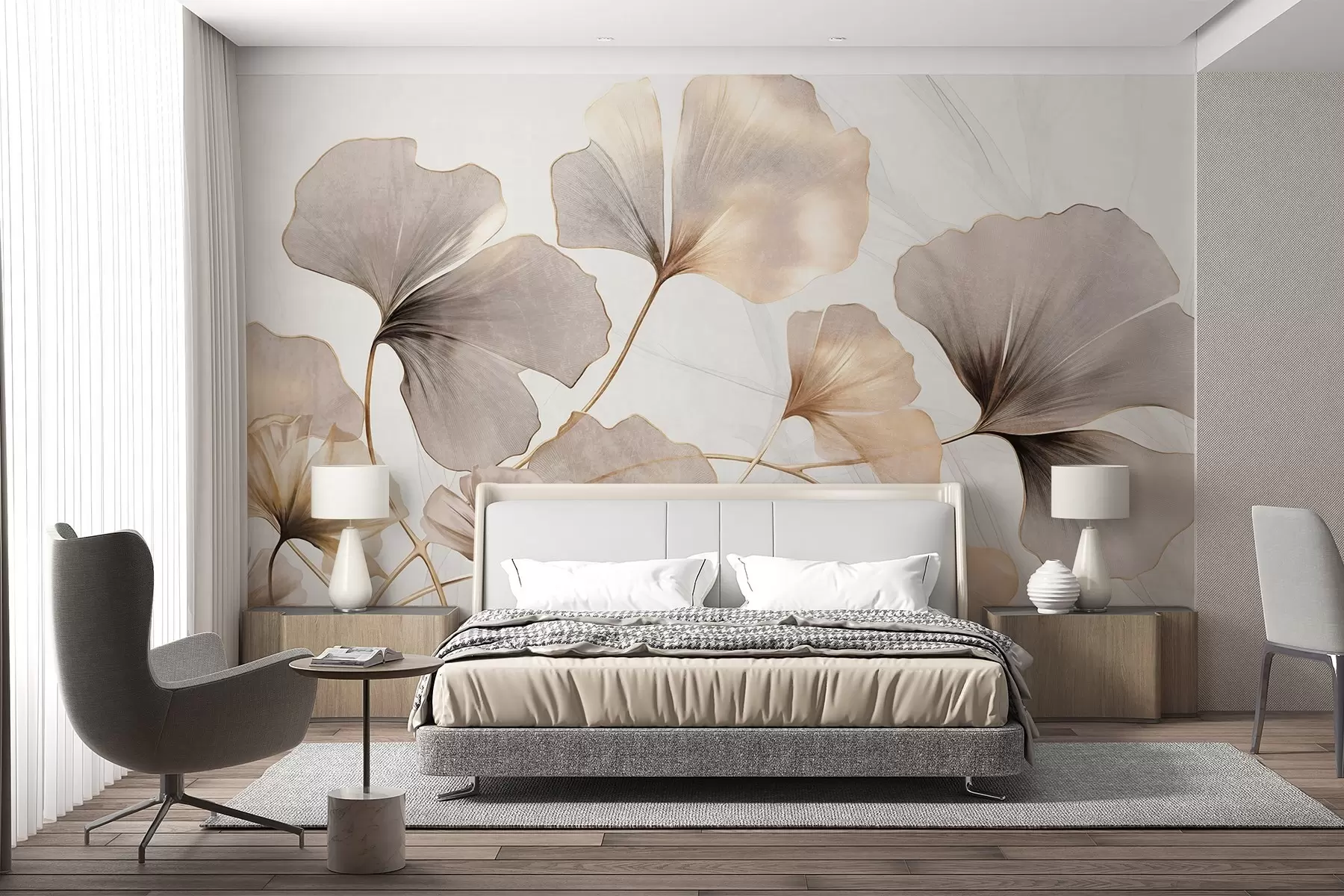 murales de pared Hojas de Ginkgo biloba en tonos beige, amarillo y marrón, delicado efecto de acuarela texturizada, fondo claro w09215