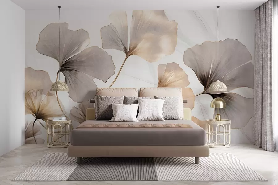 murales de pared Hojas de Ginkgo biloba en tonos beige, amarillo y marrón, delicado efecto de acuarela texturizada, fondo claro w09215