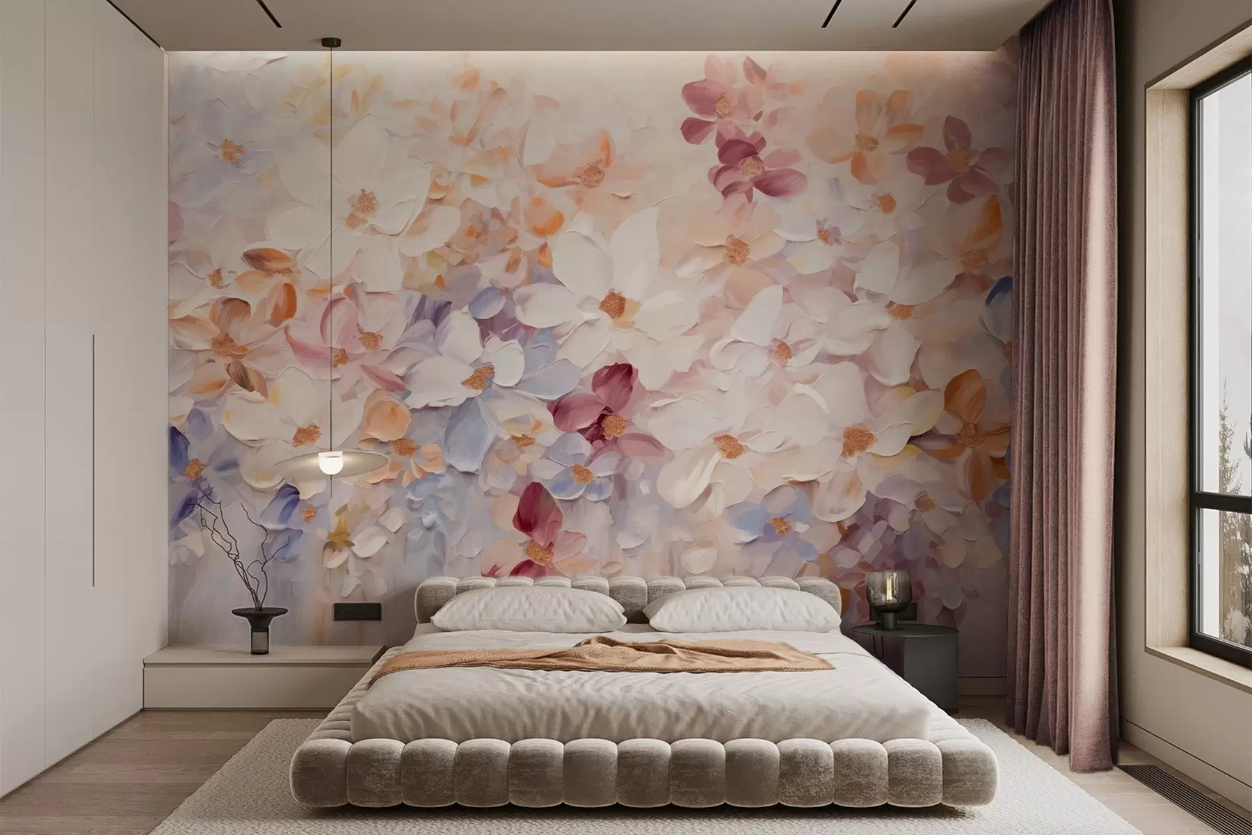 murales de pared Pintura al óleo imitación de un jardín de flores con flores blancas, rosas y naranjas, pinceladas suaves, colores pastel apagados w09236