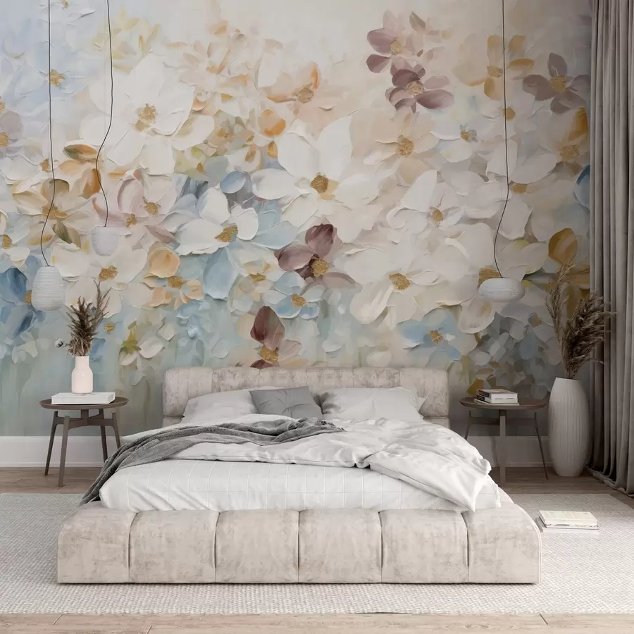 murales de pared Pintura al óleo imitación de un jardín de flores con flores blancas, azules y naranjas, pinceladas suaves, colores pastel apagados w09236v1