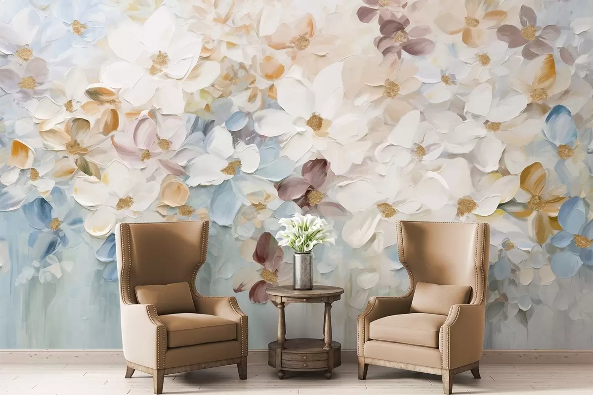 murales de pared Pintura al óleo imitación de un jardín de flores con flores blancas, azules y naranjas, pinceladas suaves, colores pastel apagados w09236v1