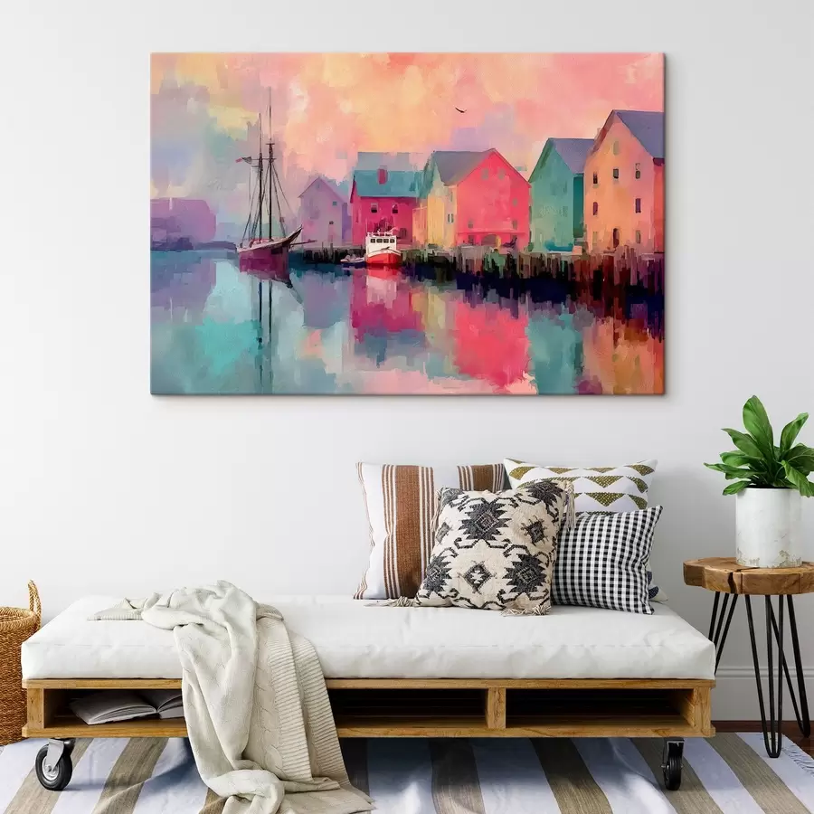 murales de pared Casas de colores junto al agua en estilo pincelada s44837