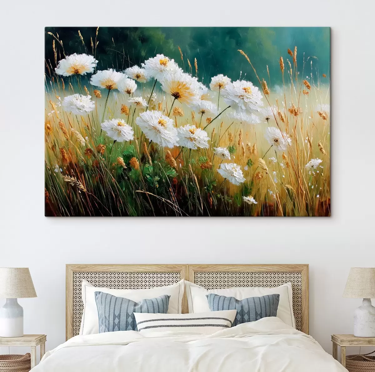 murales de pared Flores blancas en un prado al óleo s44842