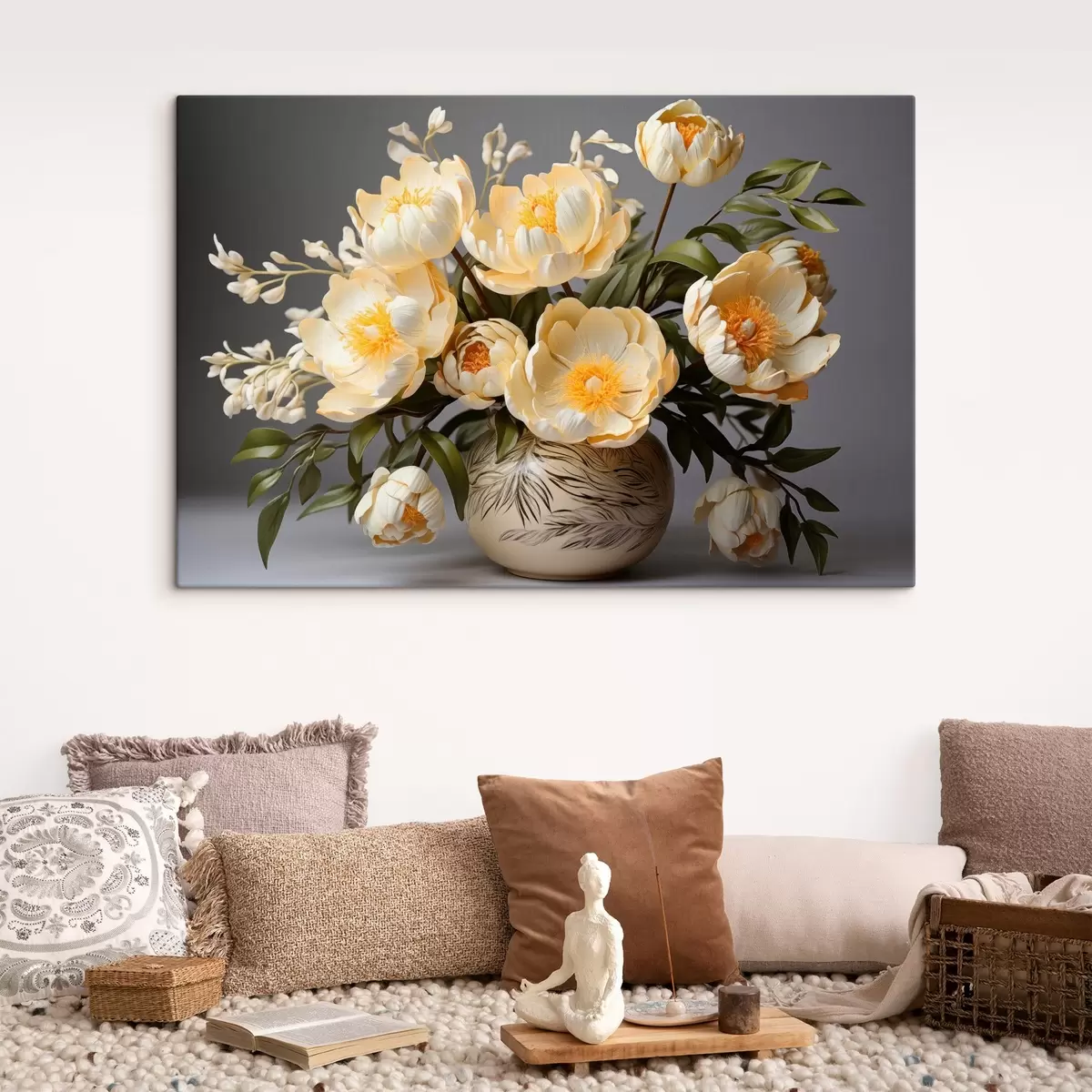 murales de pared Flores delicadas con centros amarillos en un jarrón estampado s44847