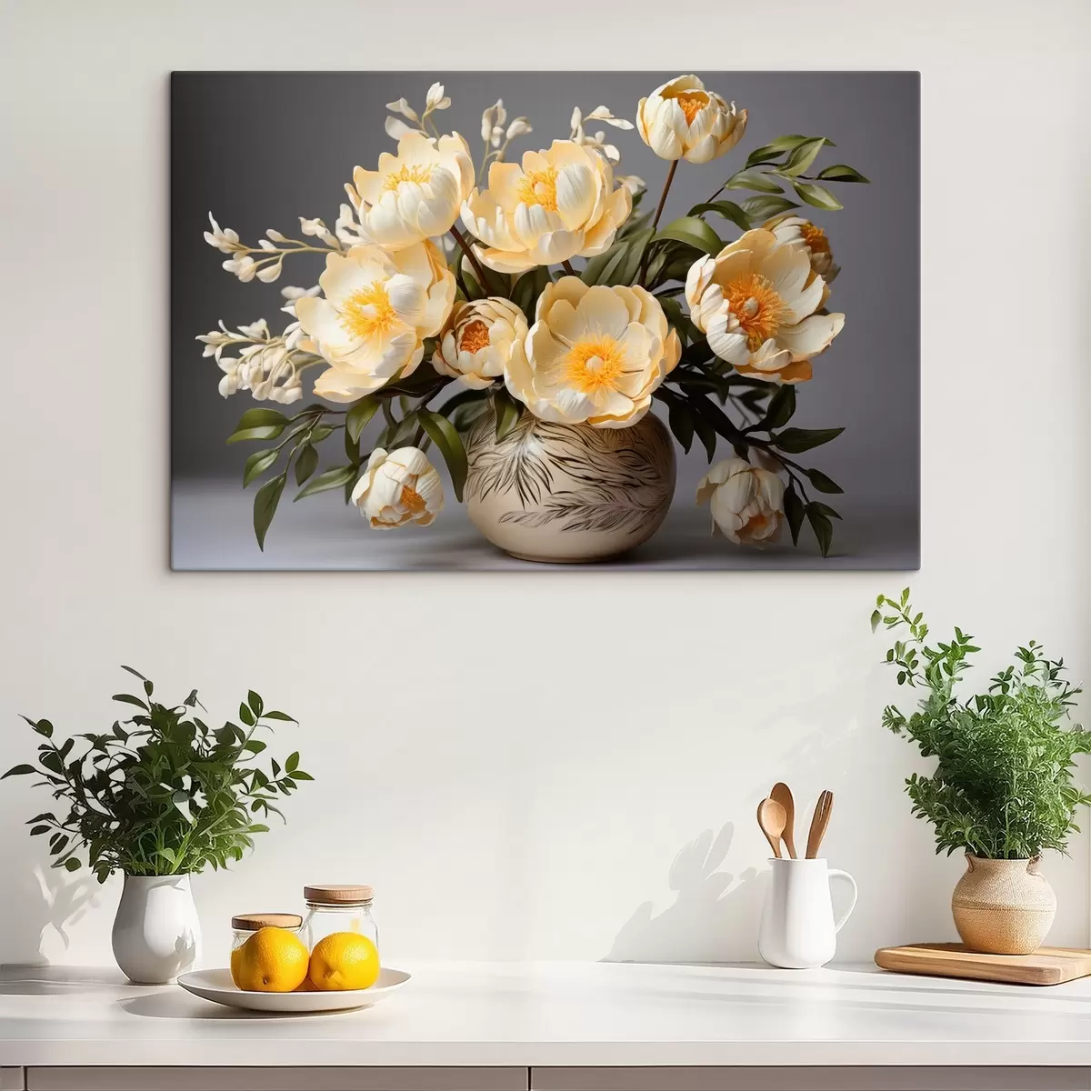 murales de pared Flores delicadas con centros amarillos en un jarrón estampado s44847