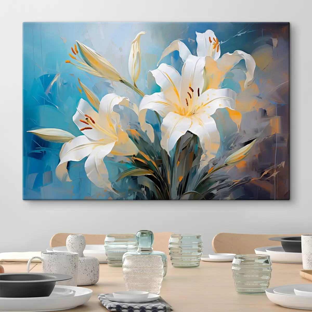 murales de pared Lirios abstractos sobre fondo colorido en estilo artístico s44849