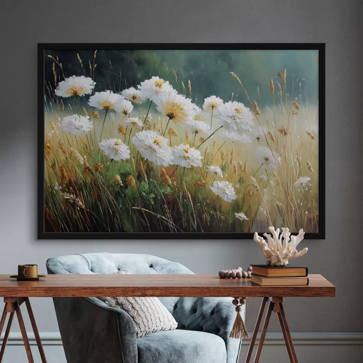 Poster Flores blancas en un prado al óleo f44842