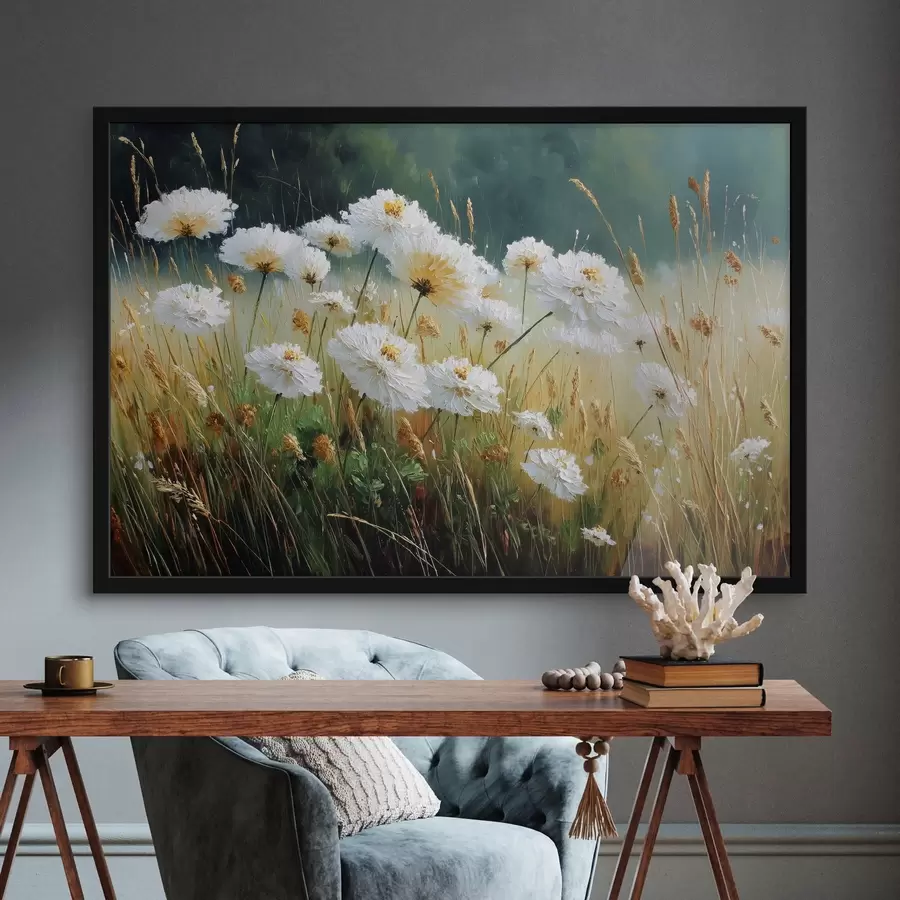 murales de pared Flores blancas en un prado al óleo f44842