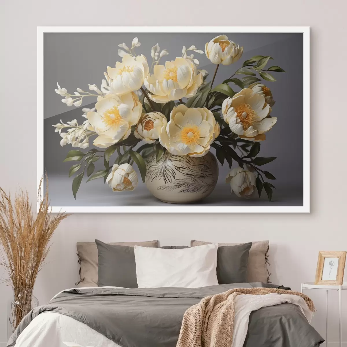 Poster Flores delicadas con centros amarillos en un jarrón estampado f44847