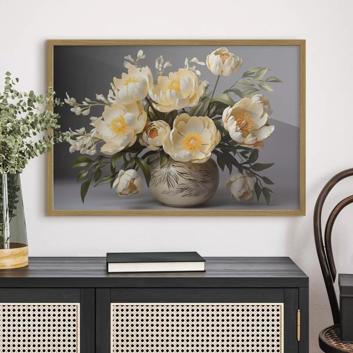 Poster Flores delicadas con centros amarillos en un jarrón estampado f44847