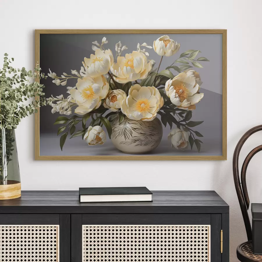 murales de pared Flores delicadas con centros amarillos en un jarrón estampado f44847
