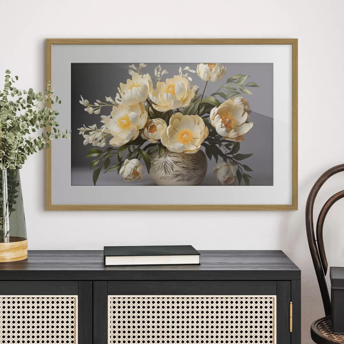 Poster Flores delicadas con centros amarillos en un jarrón estampado f44847