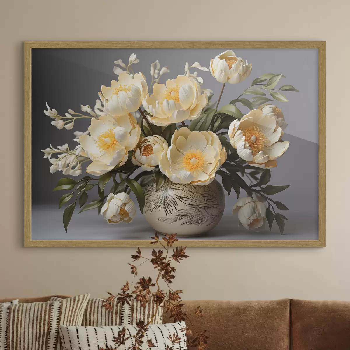 Poster Flores delicadas con centros amarillos en un jarrón estampado f44847