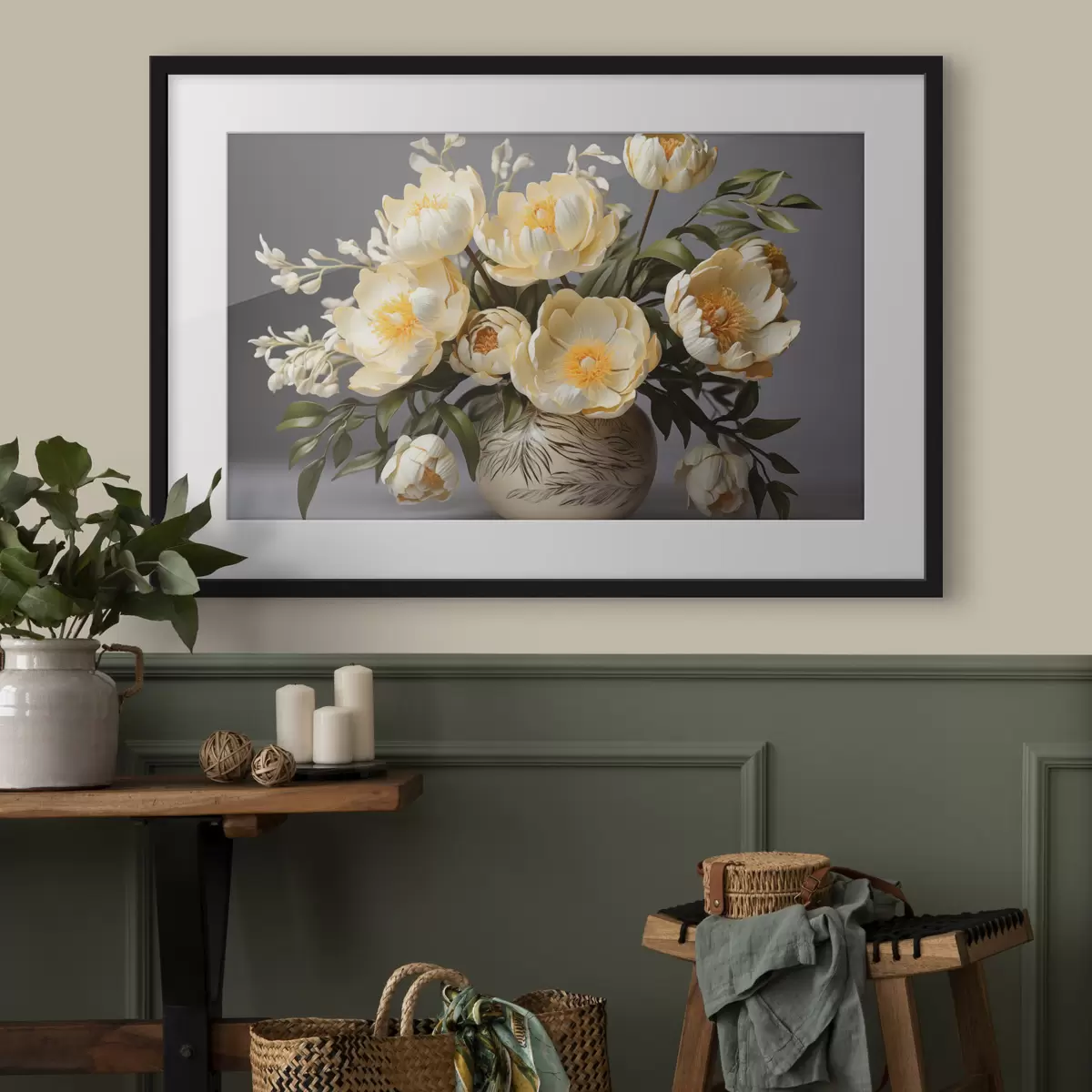 Poster Flores delicadas con centros amarillos en un jarrón estampado f44847