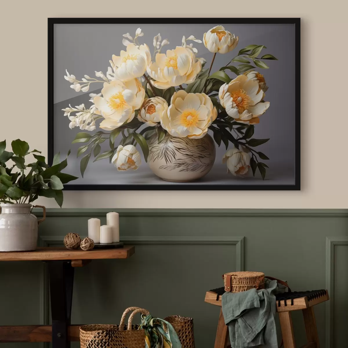 Poster Flores delicadas con centros amarillos en un jarrón estampado f44847