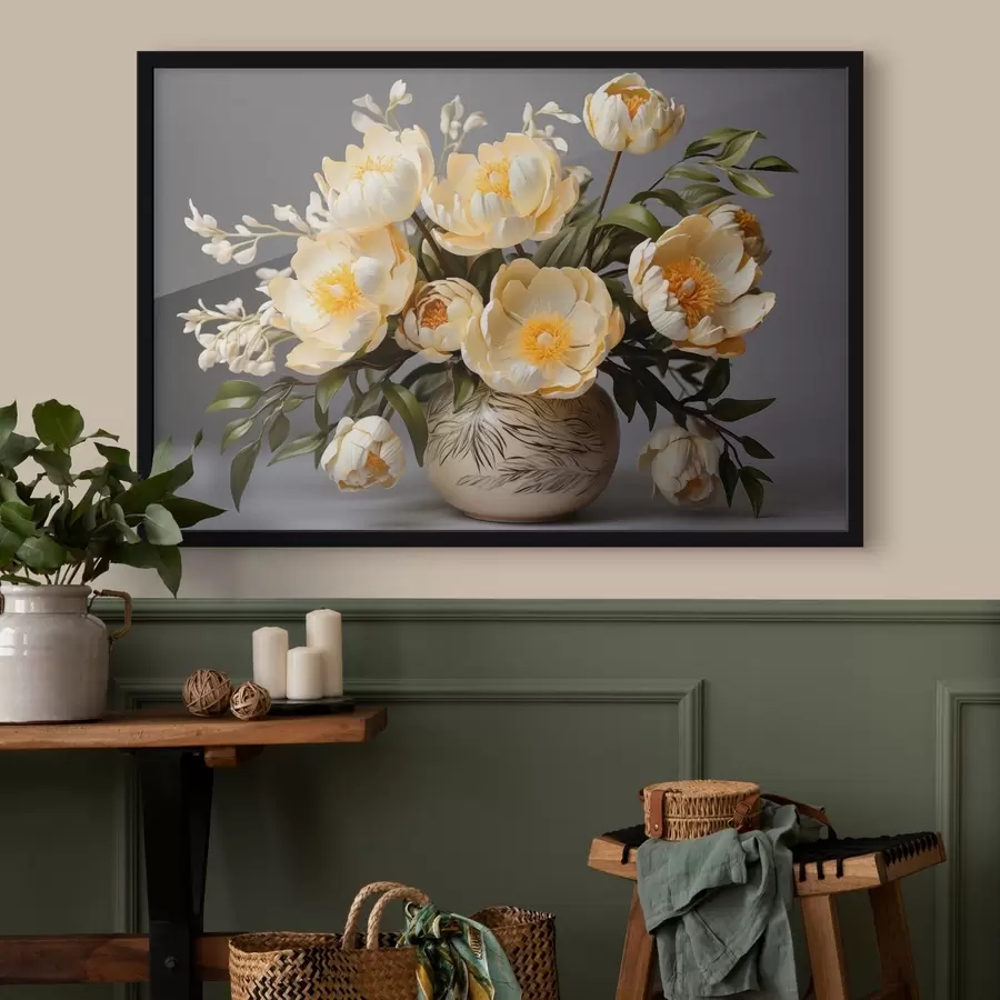 murales de pared Flores delicadas con centros amarillos en un jarrón estampado f44847