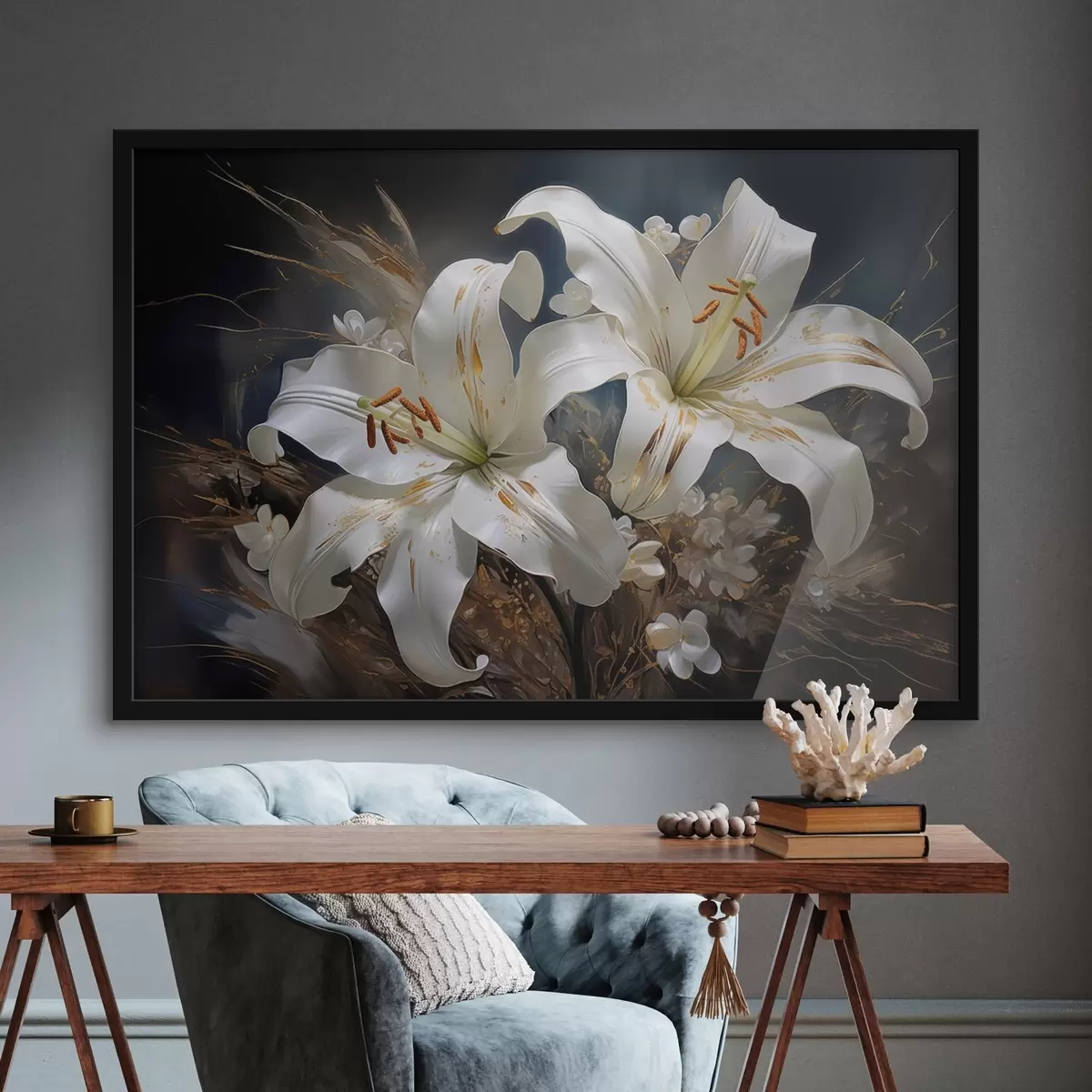 Poster Flores de lis sobre fondo oscuro con elementos decorativos f44848