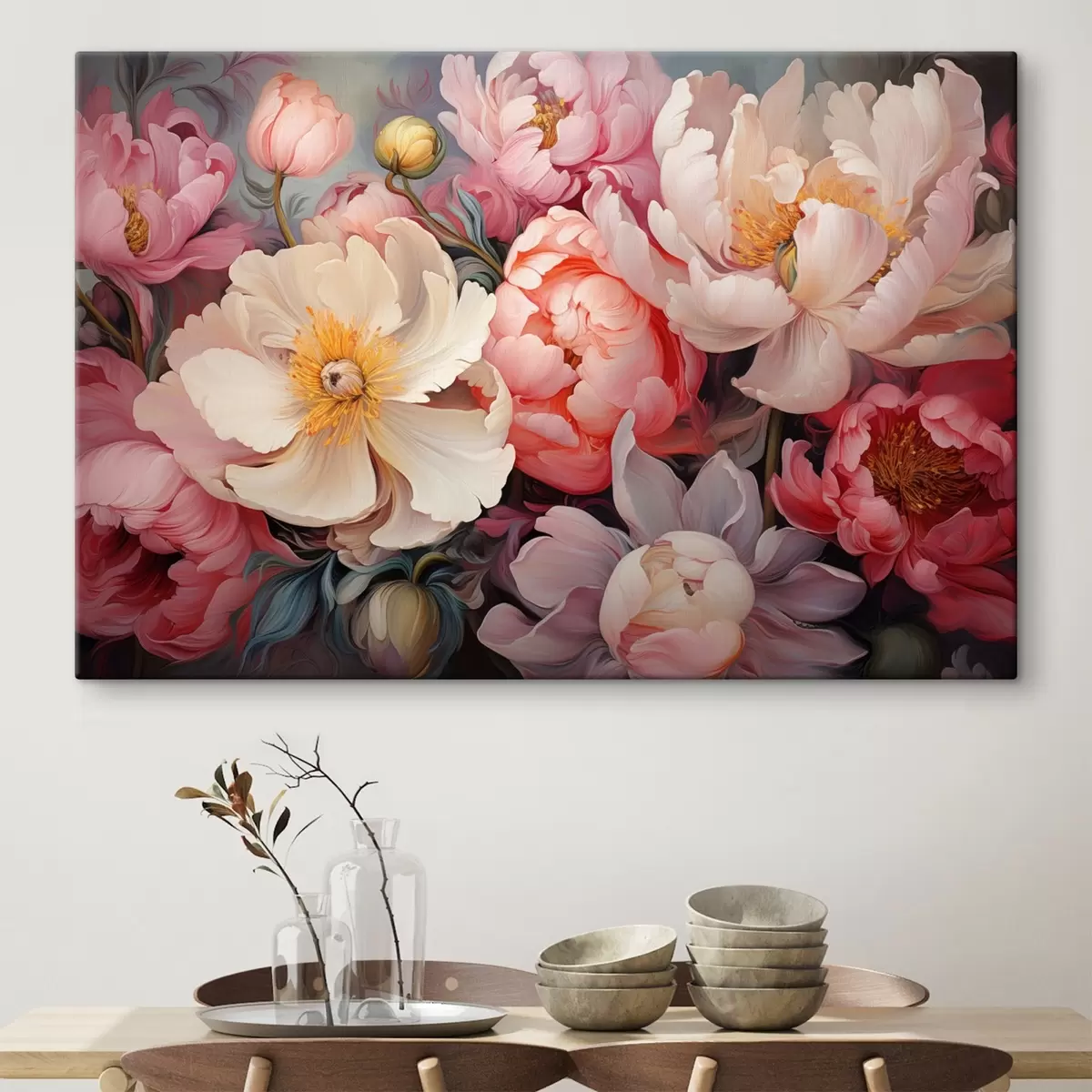 murales de pared Exuberantes peonías en tonos rosas al óleo s44936