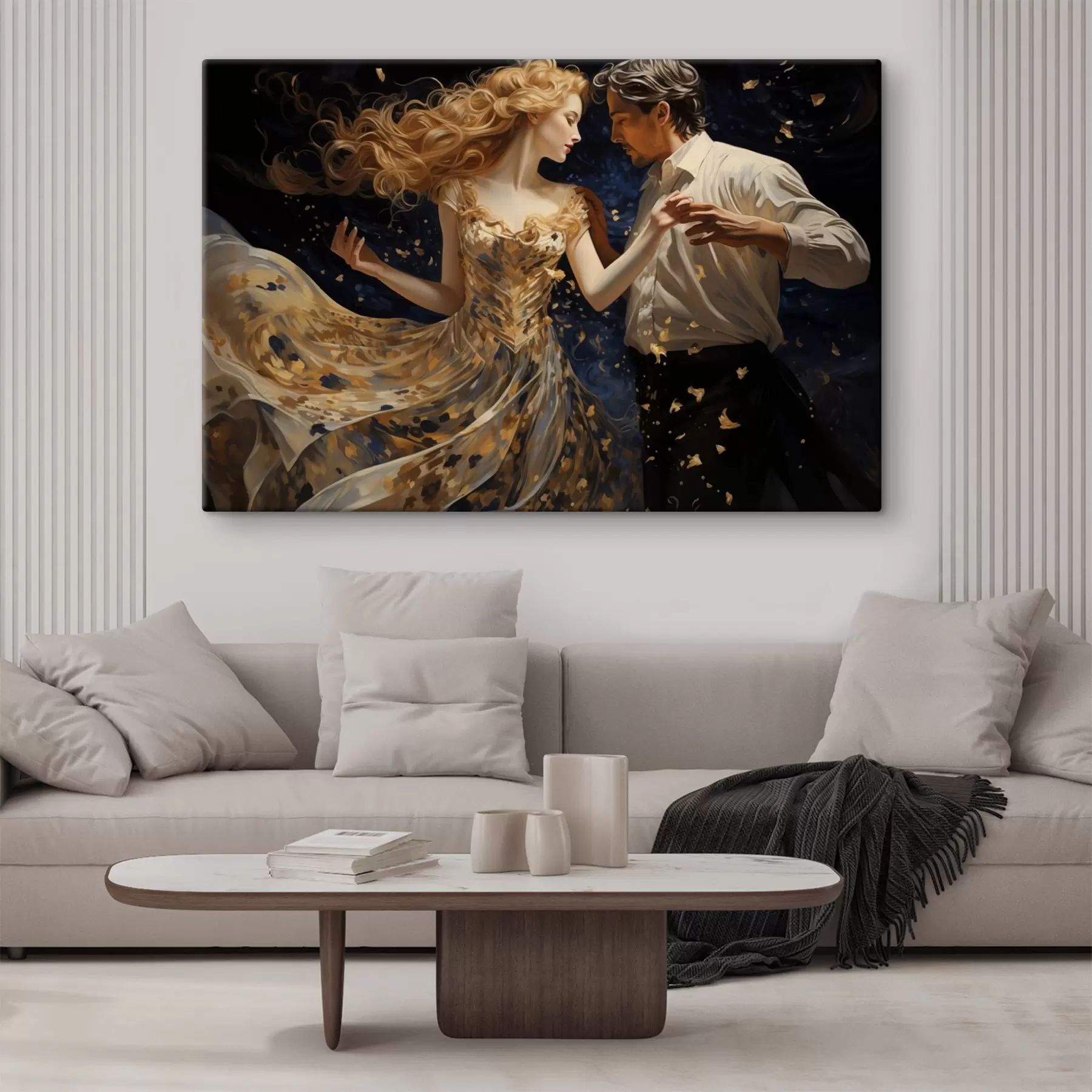 murales de pared Pareja en movimiento en tonos amarillo-azul en estilo pictórico s44940