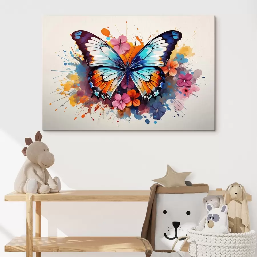 murales de pared Composición dinámica de una mariposa y manchas florales en estilo artístico s44943