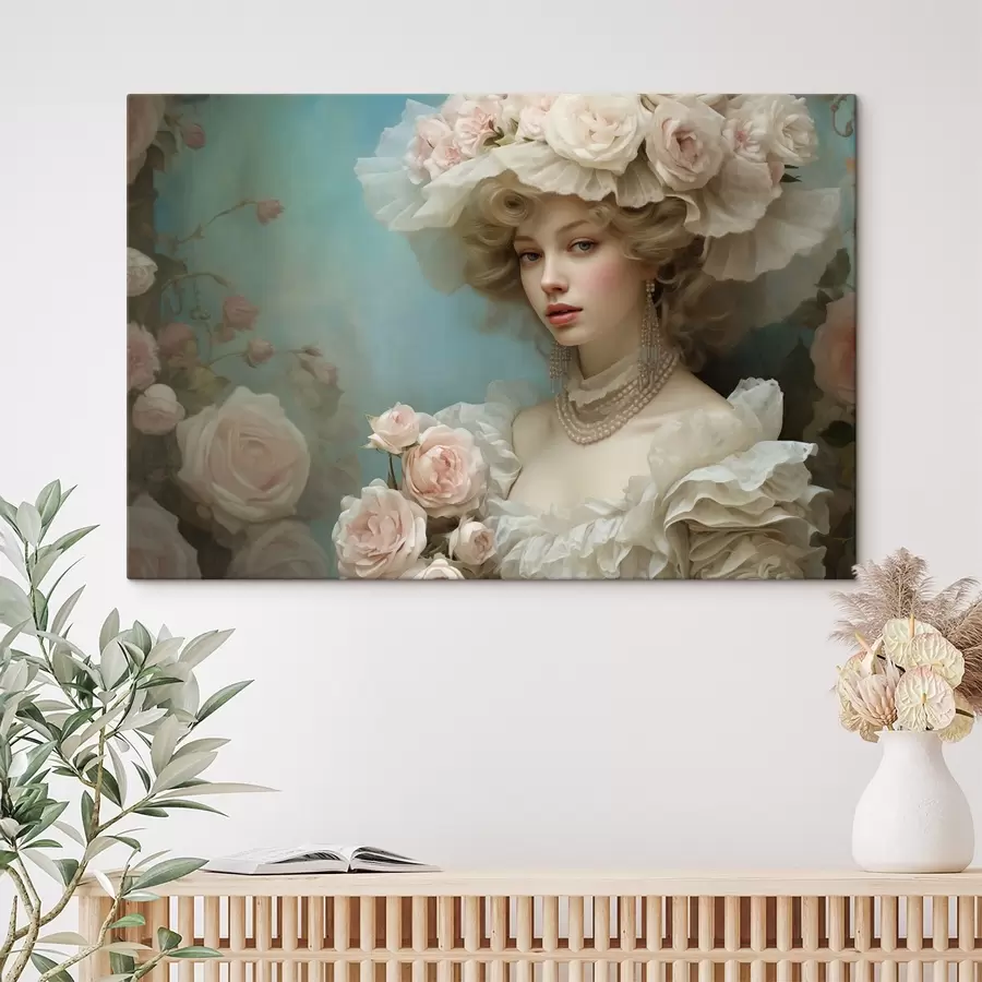 murales de pared Elegante dama con sombrero y flores en estilo artístico s44944