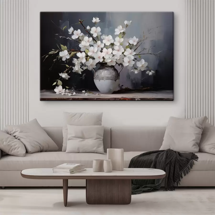 murales de pared Ramas floridas en un jarrón sobre fondo oscuro en estilo pintoresco s44949