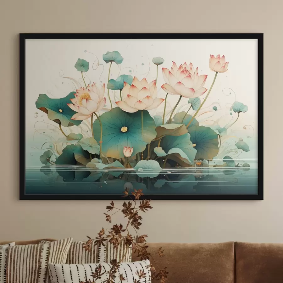 murales de pared Lotos con hojas grandes en estilo ilustración f44939