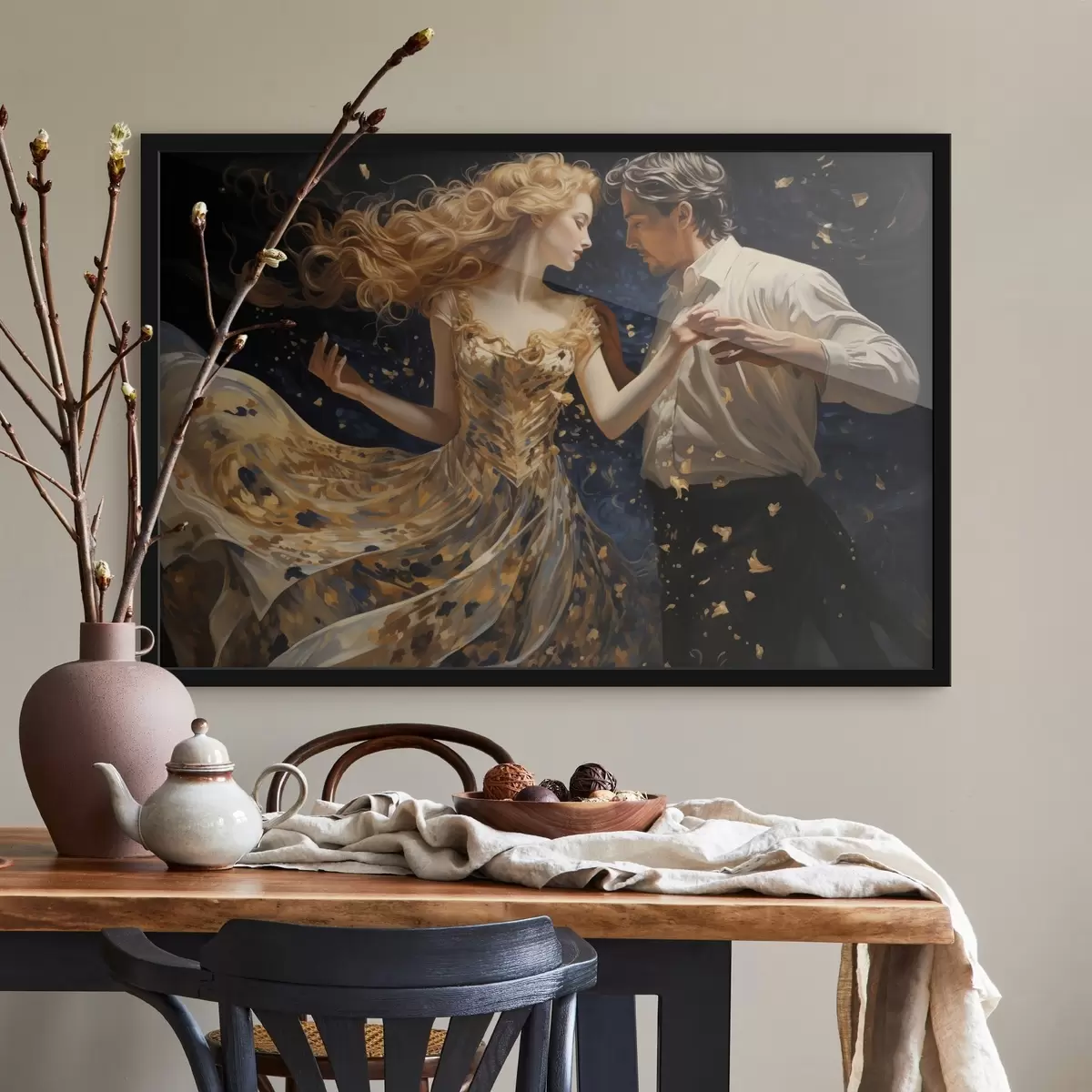 Poster Pareja en movimiento en tonos amarillo-azul en estilo pictórico f44940