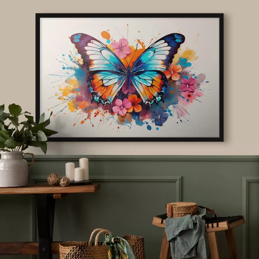 murales de pared Composición dinámica de una mariposa y manchas florales en estilo artístico f44943