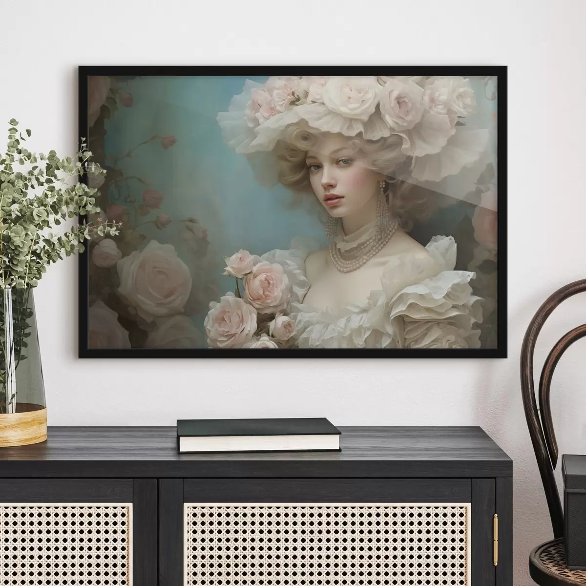 Poster Elegante dama con sombrero y flores en estilo artístico f44944