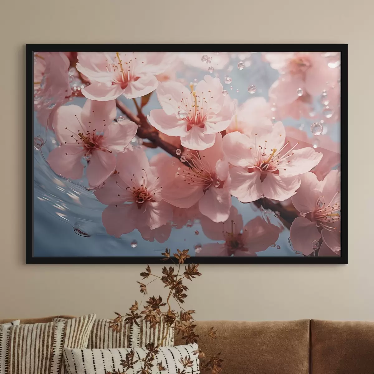Poster Flores rosas en agua con gotas f44946