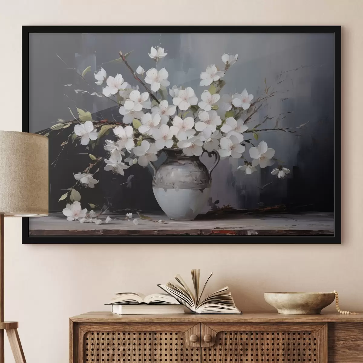 Poster Ramas floridas en un jarrón sobre fondo oscuro en estilo pintoresco f44949