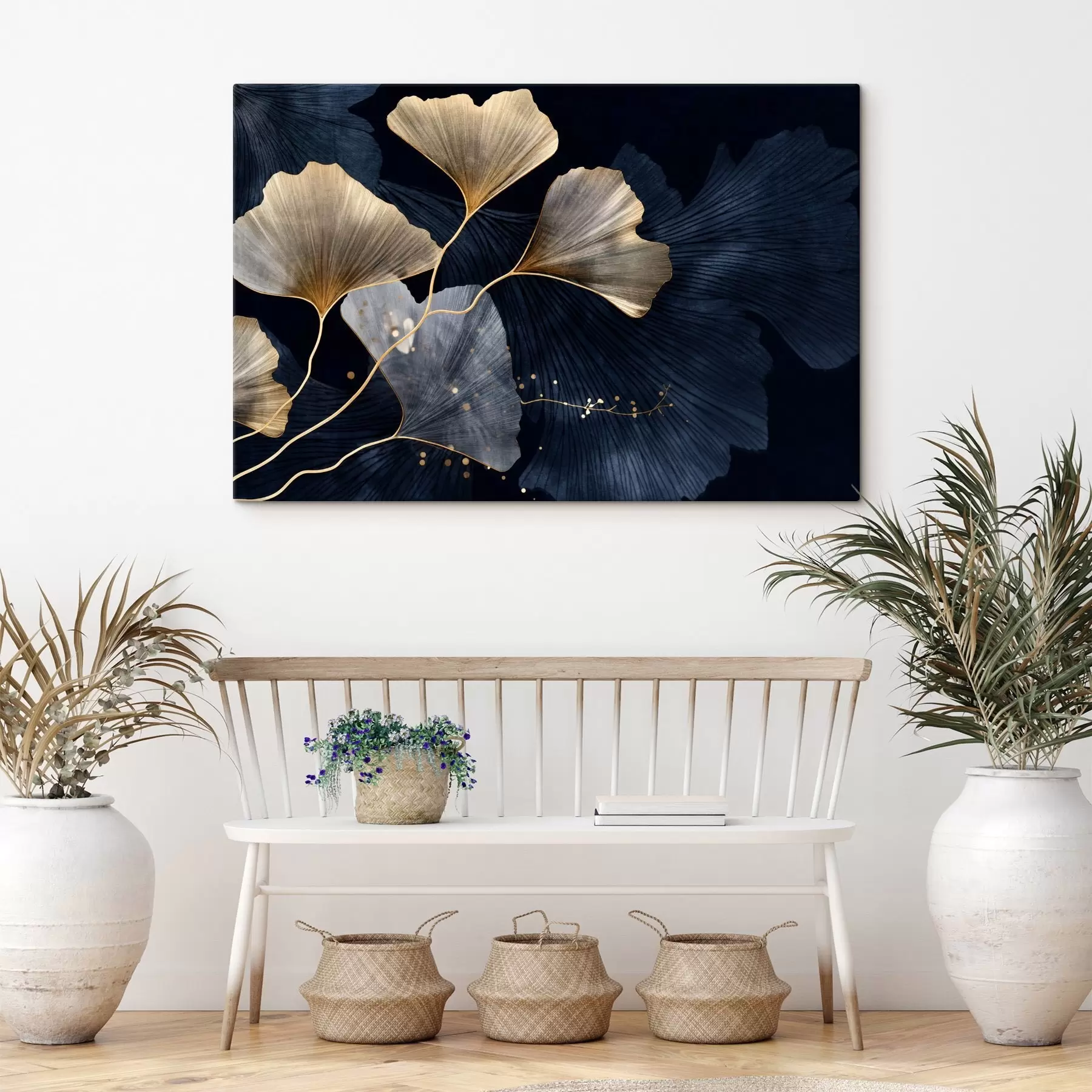 murales de pared Hojas de ginkgo en tonos amarillos y azules, elegante fondo oscuro, arte moderno, estilo minimalista, inspirado en la naturaleza s44921